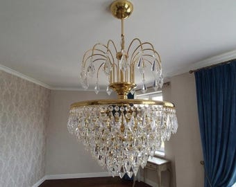 Lustre de cristal francês vintage: luminária de teto estilo império em latão antigo e raro (16 polegadas)