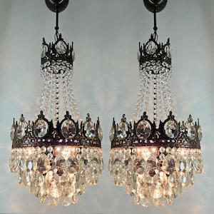 Matching Pair Vintage French Crystal  Lighting fixture 1950s, Empire Victorian Ceiling pendant light, Rare Antique Crystal Brass Chandelier