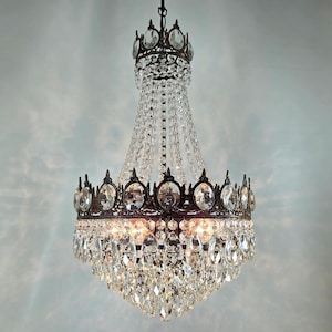Large Antique French Crystal Chandelier Lighting Fixture, Vintage Crystal Brass Lightings 1960s, Rare Victorian Ceiling pendant lighting 16&quot;