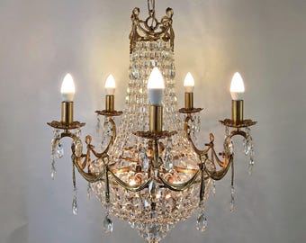 Rare Vintage French Crystal Bohemian Chandelier: Large Antique Brass Lighting Fixture, Victorian Pendant (22")