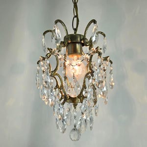 Antique French Brass Crystal Chandelier lighting fixture, Vintage small chandelier lightings 8&quot;, Rare Empire crystal ceiling lamp 1950s