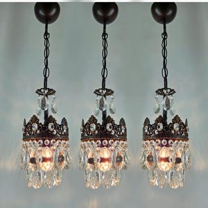 Matching pair of Antique French Crystal Chandelier 6&quot;, Vintage Chandelier ceiling  lighting fixture, Victorian crystal chandelier lamp 1950s