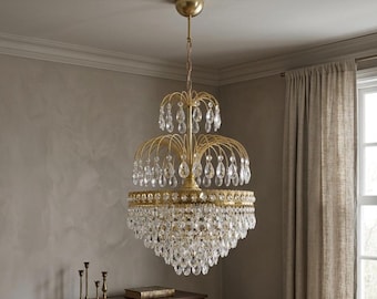 Vintage French Crystal Chandelier: Large Antique Brass Bohemian Ceiling Lighting Fixture (16 inch)