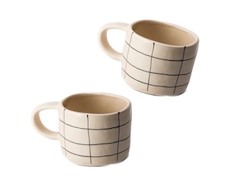 Set Of 2 Handmade Grid Checkered Ceramic Mug, Unique, Gift for Her, Coffee Tea Matcha, Custom Cup, Special Fall