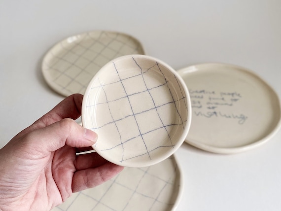 Chunky Checkered Blue Grid Ring Dish, Organic Mini Tray Organizer, Ceramic Plate, Jewelry Storage, Table Decor, Trinket, Aesthetic Neutral