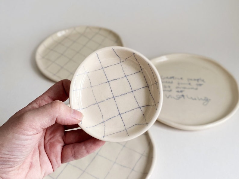 Chunky Checkered Blue Grid Ring Dish, Organic Mini Tray Organizer, Ceramic Plate, Jewelry Storage, Table Decor, Trinket, Aesthetic Neutral image 1