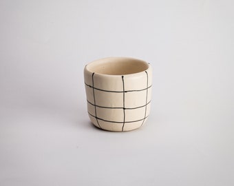 Handmade Ceramic Tumbler Checkered Chunky Grid Lines Design Minimalist Ideal For Water, Organic Lines