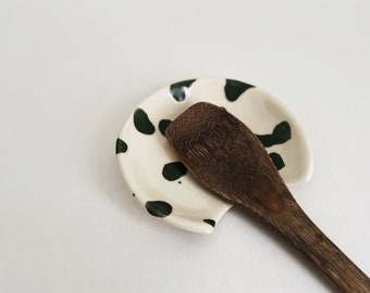 Handmade Ceramic Spoon Rest - Green and White - Pottery Kitchen Accesories
