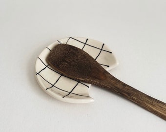 Handmade Ceramic Spoon Rest - Checkered Grid - Pottery Kitchen Accesories