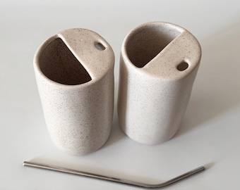 Handmade Ceramic To Go Cup Beige Speckled Neutral Cup With Straw | Smoothie Cup | Lidless Sippy Cup & Travel Tumbler | Zero Waste Pottery