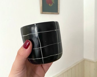 Tumbler Black and White Grid Design Minimalist Ideal For Water, Special Gift, Custom colors, Bedside tumbler, Handmade Ceramic