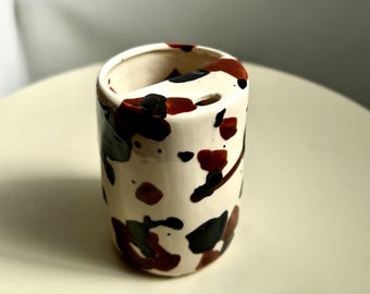 Ceramic Travel Mug – Basset Hound Spots Demi Sipper Cup with Straw Hole | Spotty Dog Sippy Mug | Handmade Brown Cow Print Coffee Tumbler