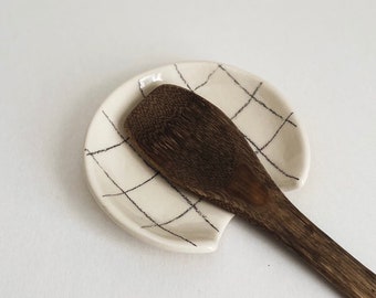 Handmade Ceramic Spoon Rest - Checkered Grid - Pottery Kitchen Accesories
