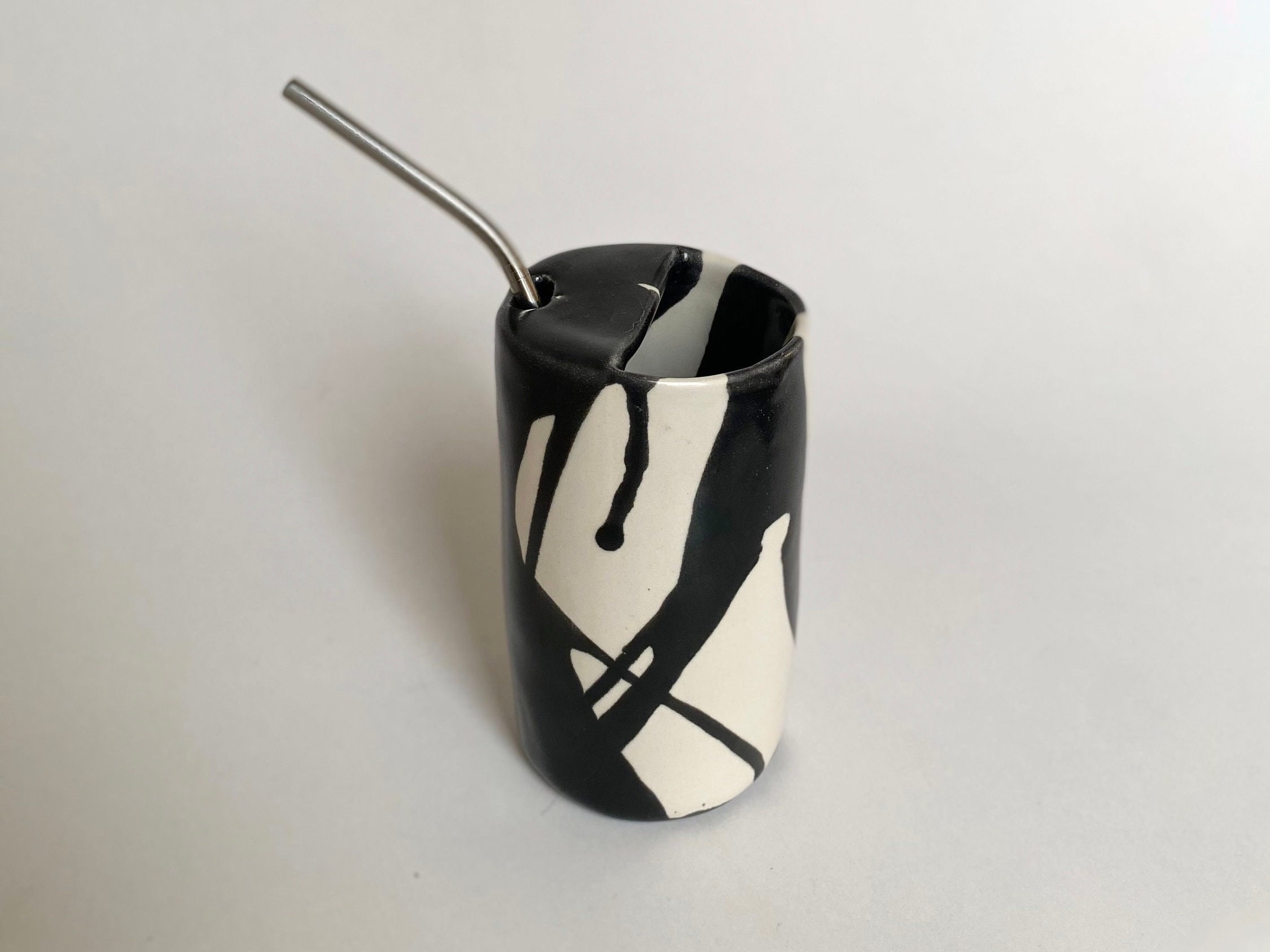 Handmade  To Go Cup Splatted Ceramic Cup With Straw | Smoothie Cup | Lidless Sippy Cup & Travel Tumbler | Zero Waste Pottery