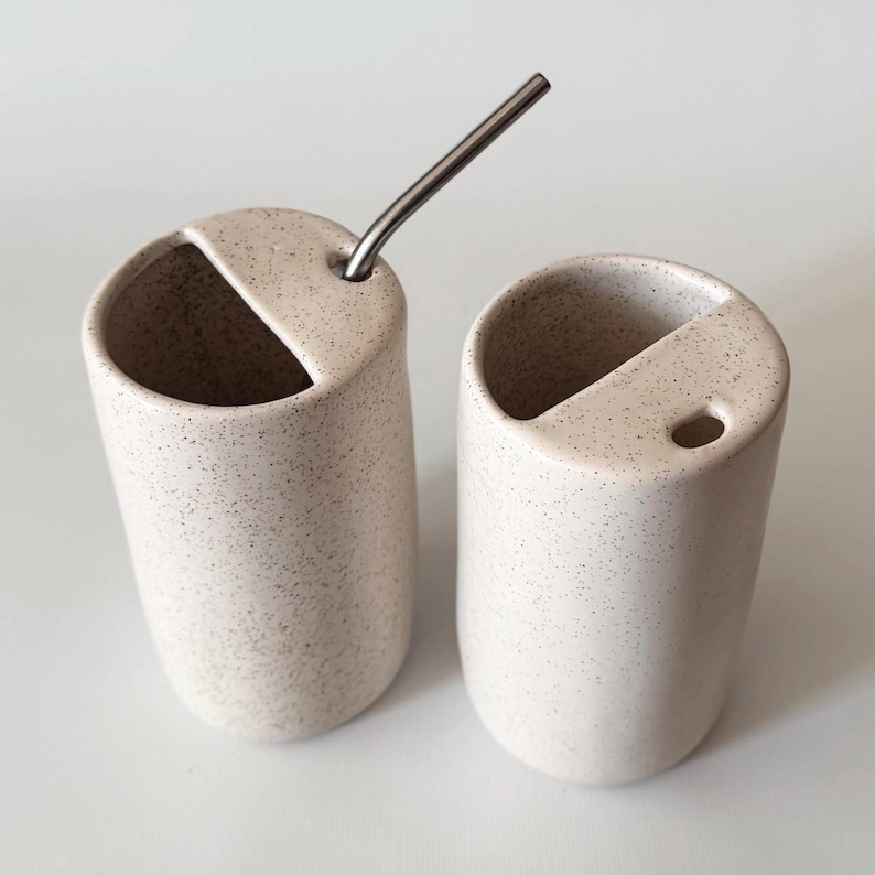 Handmade Ceramic To Go Cup Beige Speckled Neutral Cup With Straw | Smoothie Cup | Lidless Sippy Cup & Travel Tumbler | Zero Waste Pottery