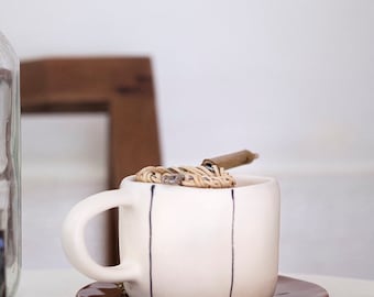 Handmade Lines Ceramic Mug, Unique , Gift for Her, Coffee Tea Matcha Latte, Special for Fall