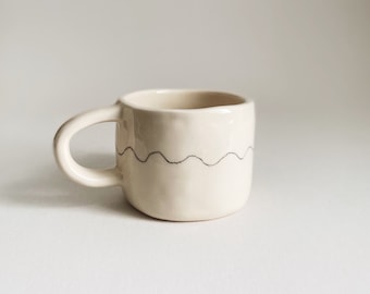 Handmade Doodle Ceramic Mug, Unique , Gift for Her, Coffee Tea Matcha Latte, Organic Shape, Modern Chunky Lines