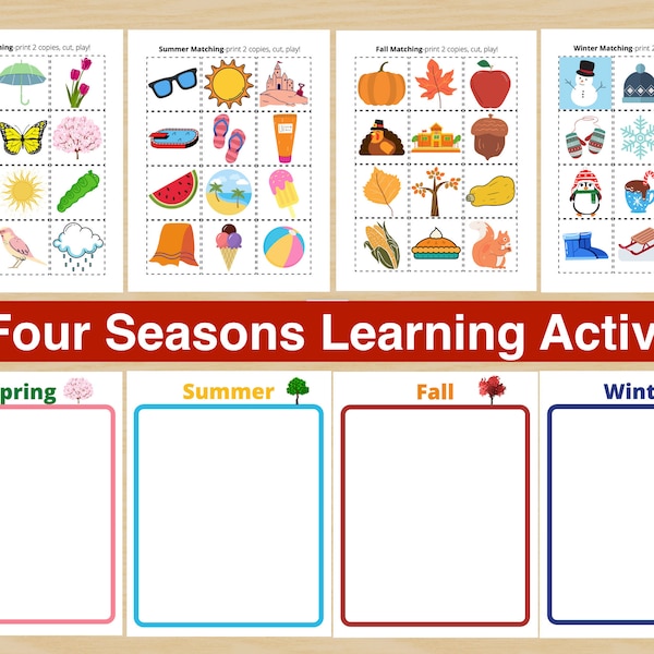 Four Seasons Learning Activity Printable, Matching Game, Memory Game, Preschool, Toddler, Kindergarten, Spring, Summer, Fall, Autumn, Winter