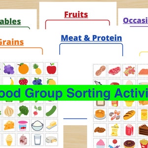 May include: A colorful educational activity featuring food groups: vegetables, fruits, grains, meat & protein, dairy, and occasional treats. The "Food Group Sorting Activity" is displayed in a green banner. Each food group has a variety of illustrated food items.