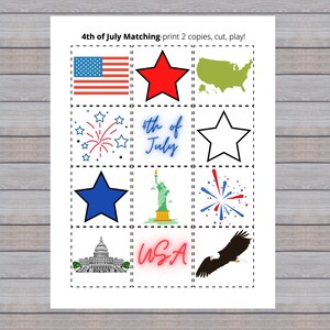 4th of July Matching Game, 4th of July Memory Game, Toddler, Preschool, Kindergarten, Classroom, Homeschool, Printable, Activity, Learning