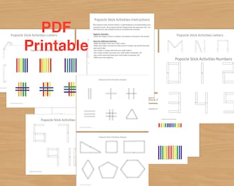 May include: Printable PDF worksheets for kids to practice making letters and numbers using popsicle sticks. The worksheets include instructions, shapes, letters, and numbers.