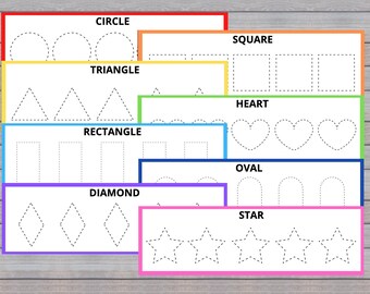 May include: A printable worksheet with dotted lines for tracing various shapes, including a circle, triangle, square, rectangle, heart, oval, diamond, and star. The shapes are labeled with their names in black text.
