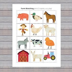 May include: A printable farm animal matching game with instructions to print two copies, cut out the images, and play. The game features images of a pig, duck, horse, scarecrow, chicken, sheep, donkey, cow, chick, barn, goat, and tractor.