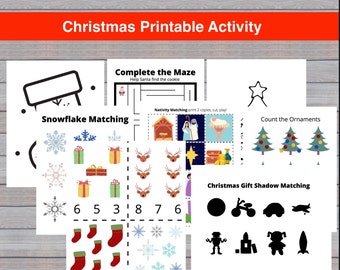 May include: A printable Christmas activity sheet with a variety of games for kids. The sheet includes a snowflake matching game, a maze, a nativity matching game, a count the ornaments game, and a Christmas gift shadow matching game.