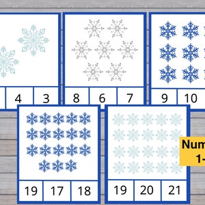 Snowflake Count and Clip Cards, Winter Preschool Game, Toddler Learning Activity, Kindergarten, Classroom, Homeschool, Educational Printable
