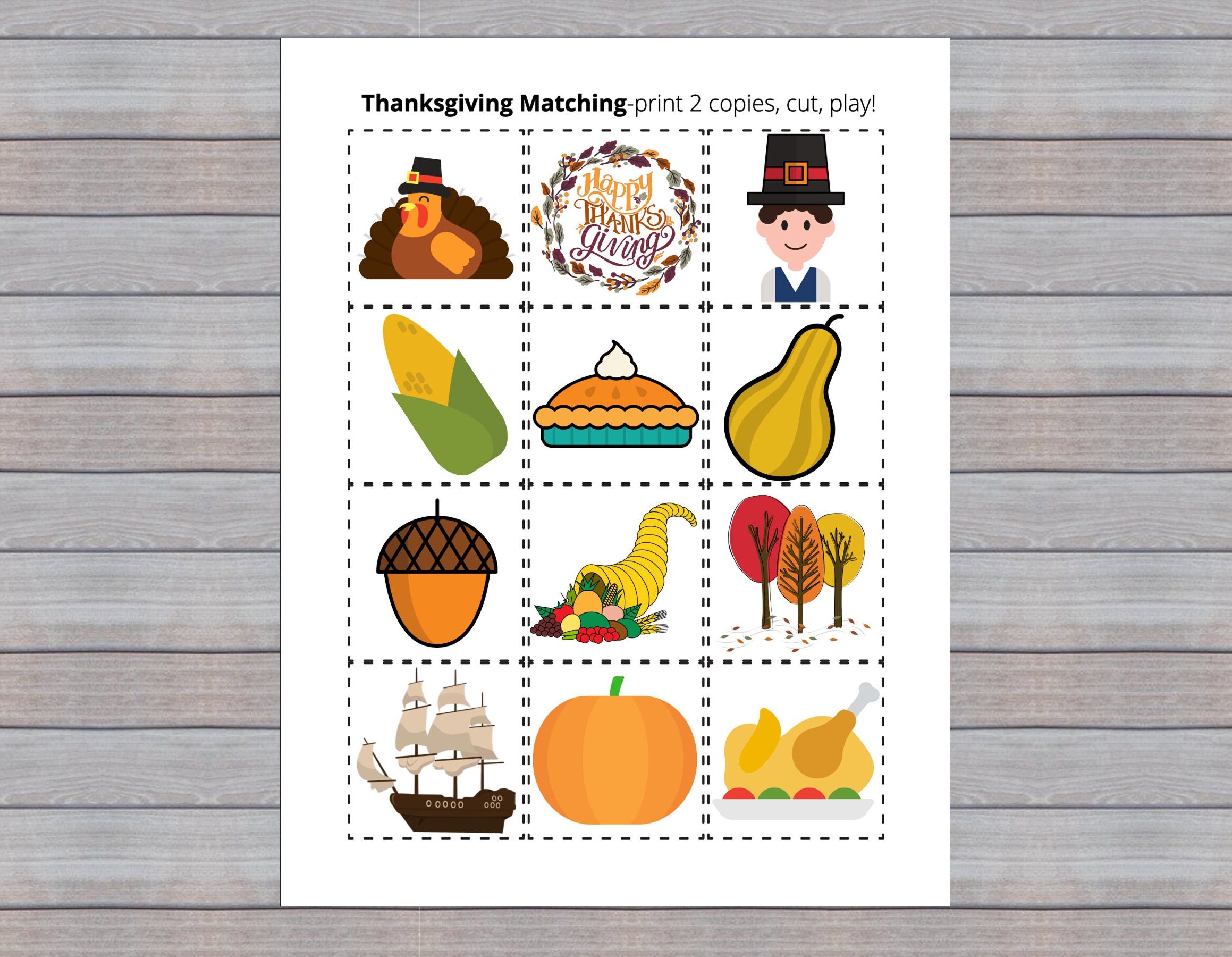 thanksgiving matching game: printable toddler activity (pdf