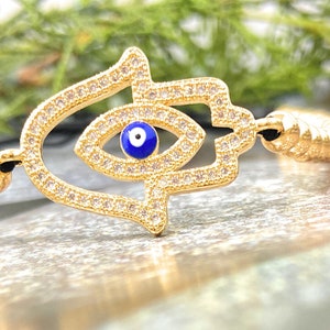 Pulsera de mano de Hamsa de moda con circonita cúbica / Pulsera de mano protectora ajustable contra el mal de ojo / Pulsera de Hamsa delicada rellena de oro de 14 quilates