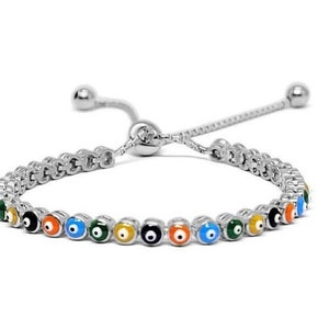 Sterling Silver Evil Eye Tennis Bracelet, Gold Tennis Bracelet, Rainbow Evil Eye Tennis, Good Luck Bracelet, Dainty Evil Eye, Gift for Her