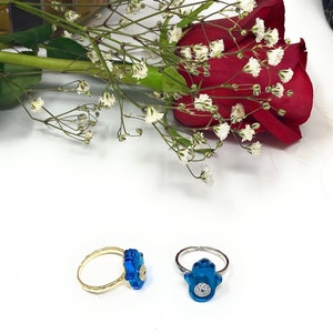 Sterling Silver Hamsa Hand Adjustable Ring, Evil Eye Hand Ring, Gold Hand Ring, Hamsa Ring, Protection Hamsa Charm Ring, Blue Red White Hand
