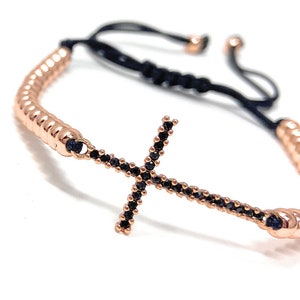 Cz Dainty Adjustable Cross Bracelet | 8 mm Lava Stone Micro Pave Cross Charm | Mother of Pearl Cross Bracelet | Tiny Cross Bracelet