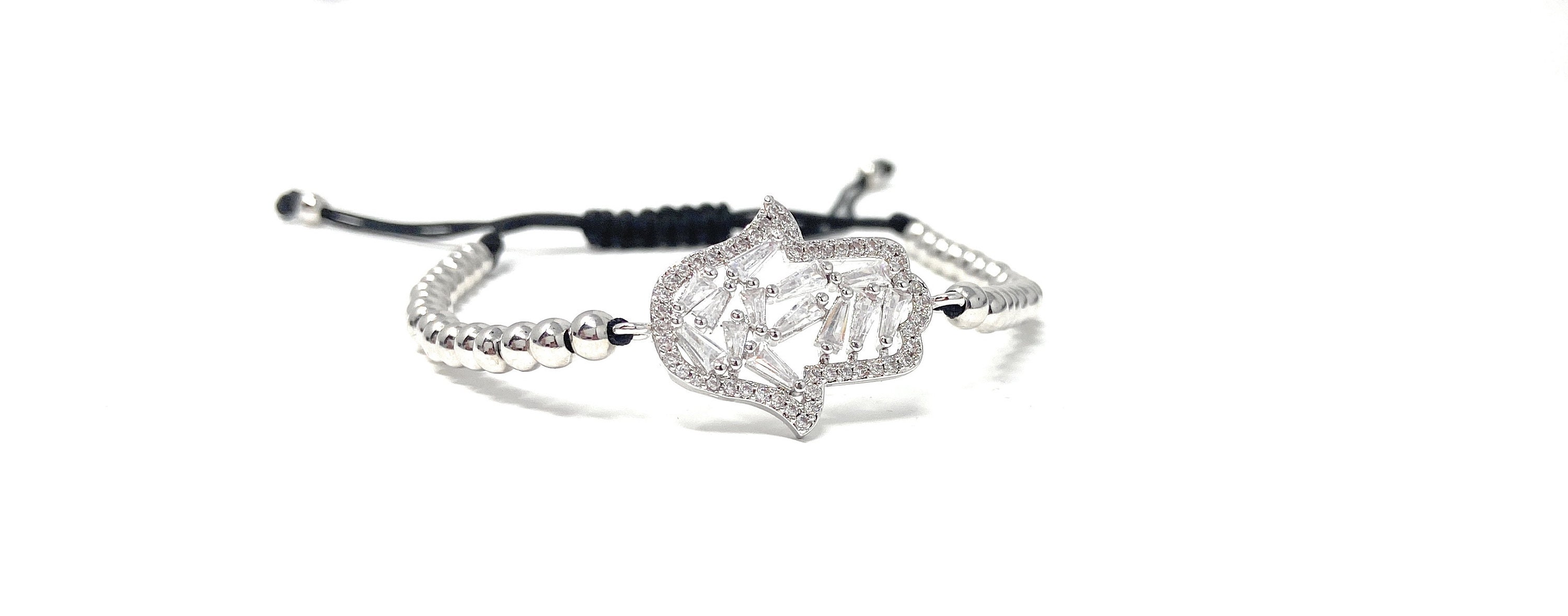 Baguette Zirconia Hamsa Hand Adjustable Bracelet Gold Plated Protection Hamsa Hand Bracelet Large Hamsa Handcharm Bracelet Etsy