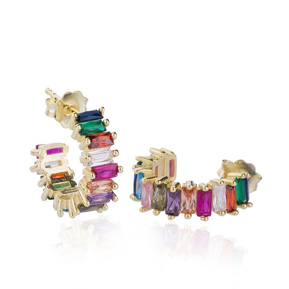 Orecchini A Cerchio Rettangolari In Argento 925 Con Zirconi E Placcato Oro - Leggeri (3-5g), 20 Gauge, Lunghezza 25 O 40 Mm, Ipoallergenici