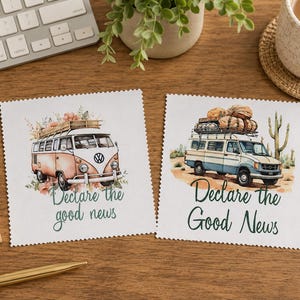 May include: Two square white cloths with watercolor illustrations of vans. One is a peach-colored VW bus with floral accents, the other a blue and white van with luggage. Both say "Declare the Good News."