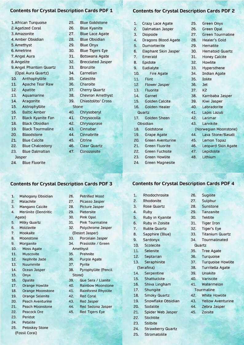 Crystal Description Cards for 186 Crystals on Printable Etsy Australia