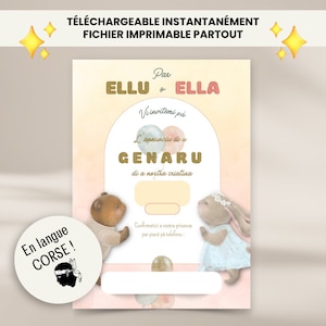 Gender reveal, invitation pour découvrir le sexe de bébé, fille ou garçon, carton d'invitation, ourson et lapin, carte aquarelle en corse
