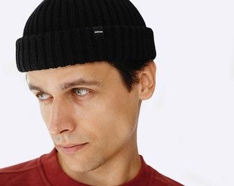 Black Fisherman Beanie. Merino Wool Fisherman Beanie. Watch Cap. Short Beanie