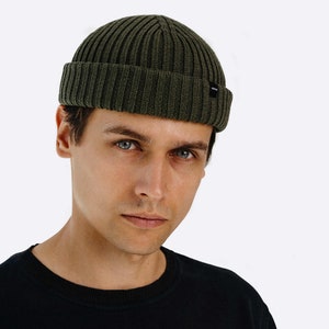 Army Green Fisherman Beanie. Merino Wool Ribbed Fisherman Beanie. Short Beanie