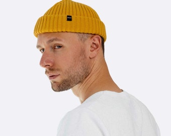 Mustard Yellow Fisherman Beanie. Merino Wool Ribbed Fisherman Beanie. Watch Cap