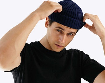 Navy Blue Fisherman Beanie. Merino Wool Ribbed Fisherman Beanie. Watch Cap