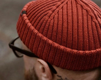 Wine Red Fisherman Beanie. Merino Wool Ribbed Fisherman Beanie.