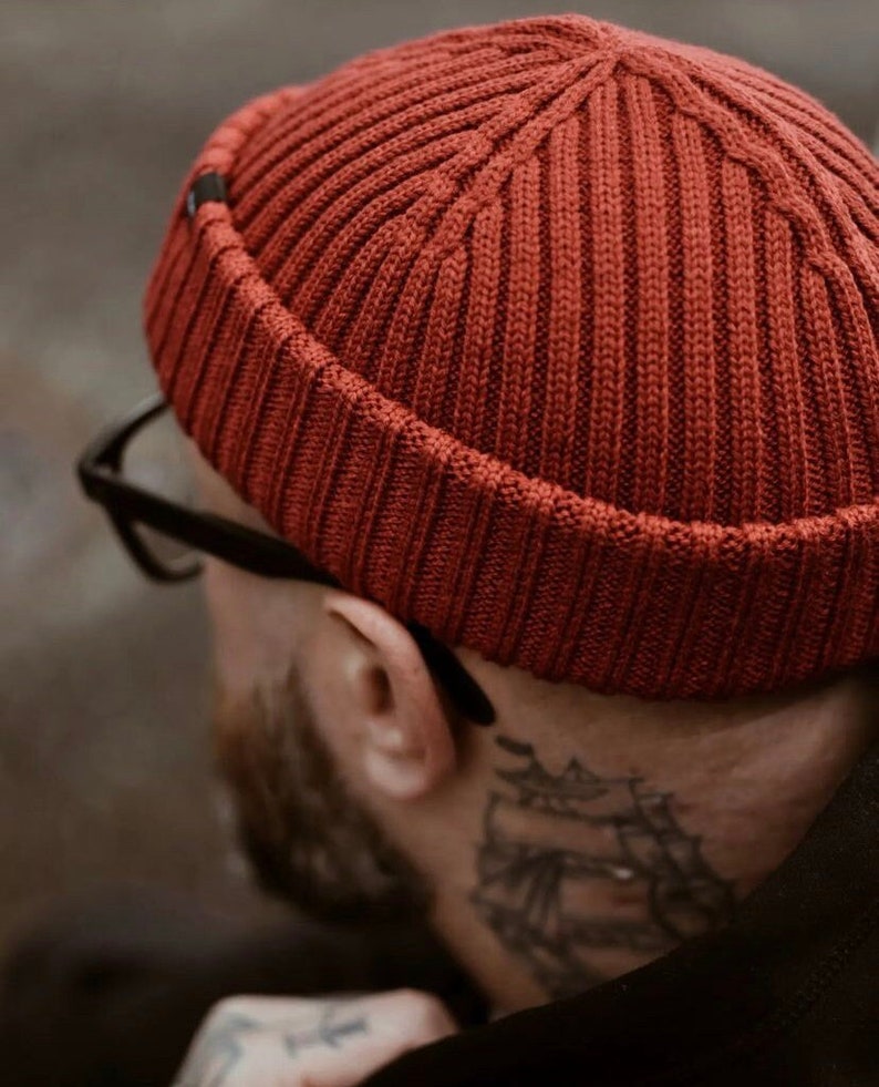 Wine Red Fisherman Beanie. Merino Wool Ribbed Fisherman Beanie. image 1