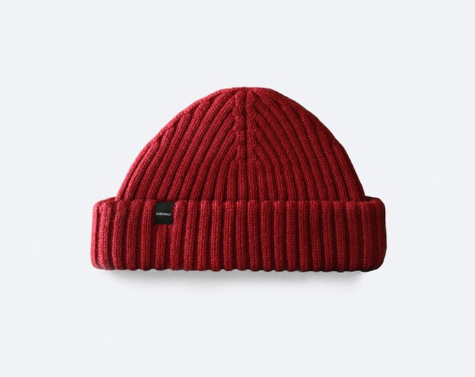 Wine Red Fisherman Beanie. Merino Wool Ribbed Fisherman Beanie. Docker Hat. Short Beanie. Skull Cap