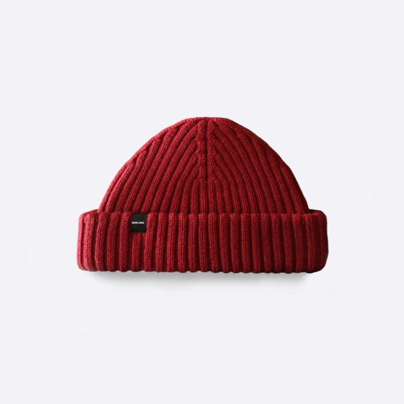 Black Fisherman Beanie. Merino Wool Fisherman Beanie. Watch Cap. Short Beanie Red