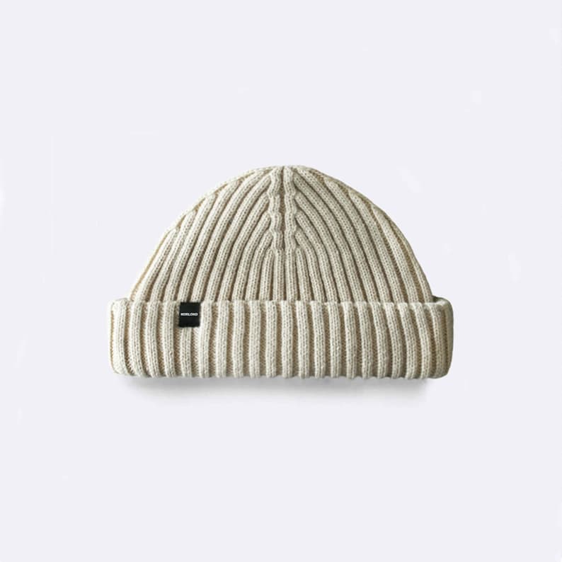 Black Fisherman Beanie. Merino Wool Fisherman Beanie. Watch Cap. Short Beanie Beige