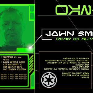 Personalisierter Sci-Fi animierter Bildschirm - Star Wars inspirierte ISB-Übgebung eines Steckbrief-Displays