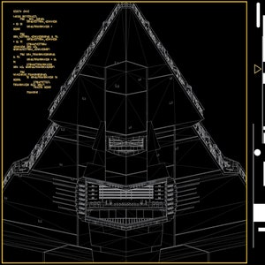 May include: A black and white blueprint of a spaceship with the word "AVENGER" in green text on a black background. The blueprint is surrounded by a yellow frame. The image also includes a text box with technical specifications and a panel with the text "PLOT_THKTOR SERVICABLE READY" and "PLOT_JXZ338 SERVICABLE TRAINING".
